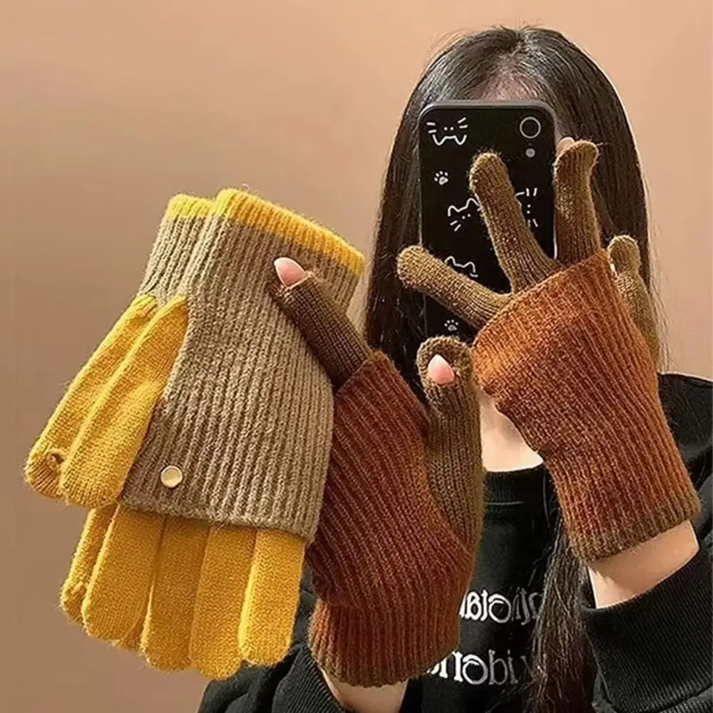 Fashion Warm Color Blocked Knitted Gloves Dual-purpose Cold-proof Winter Women Gloves Soft Candy Colored Long Gloves Gift