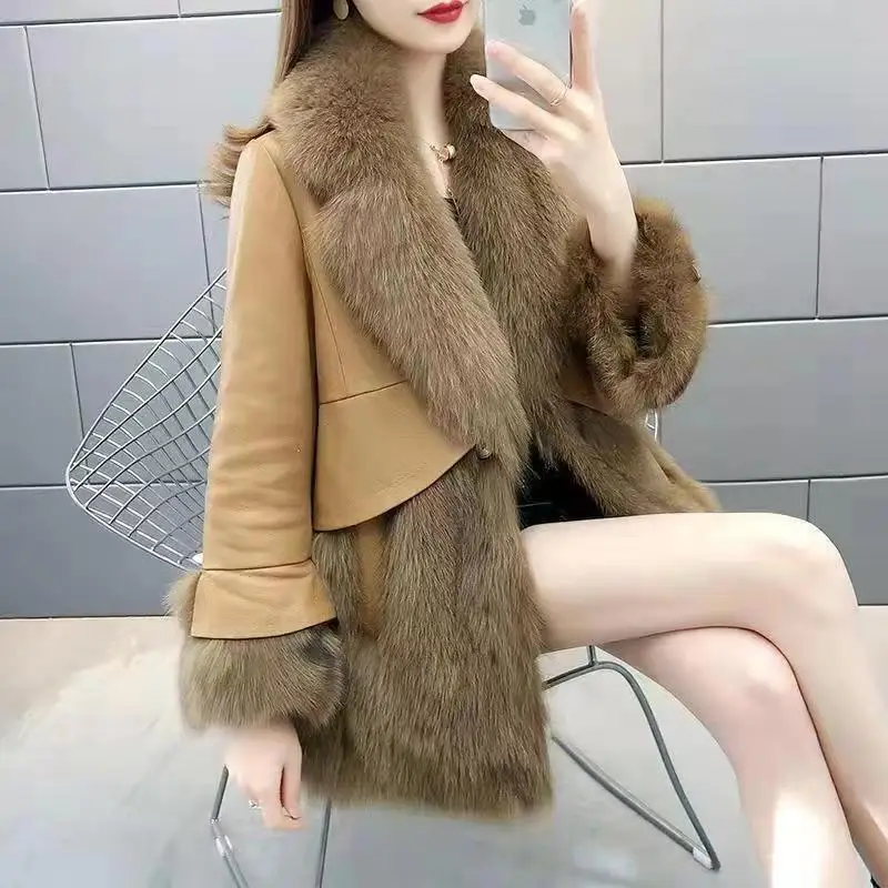 Elegant Ladies Jackets Fashion Solid Color Lapel Long Sleeve Leather Patchwork Sweater Popular Medium Long Styles Fur Coats