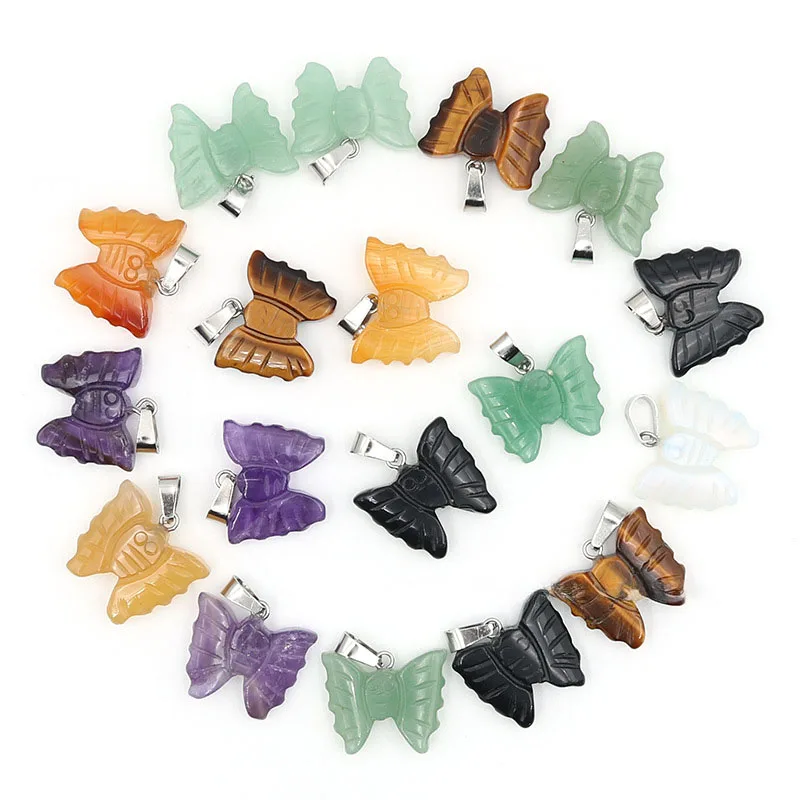 10pcs/ Bag Hand Carved Stone Butterfly Pendant Natural Healing Crystal Quartz Stone Animal Butterfly Pendants for Jewelry Making