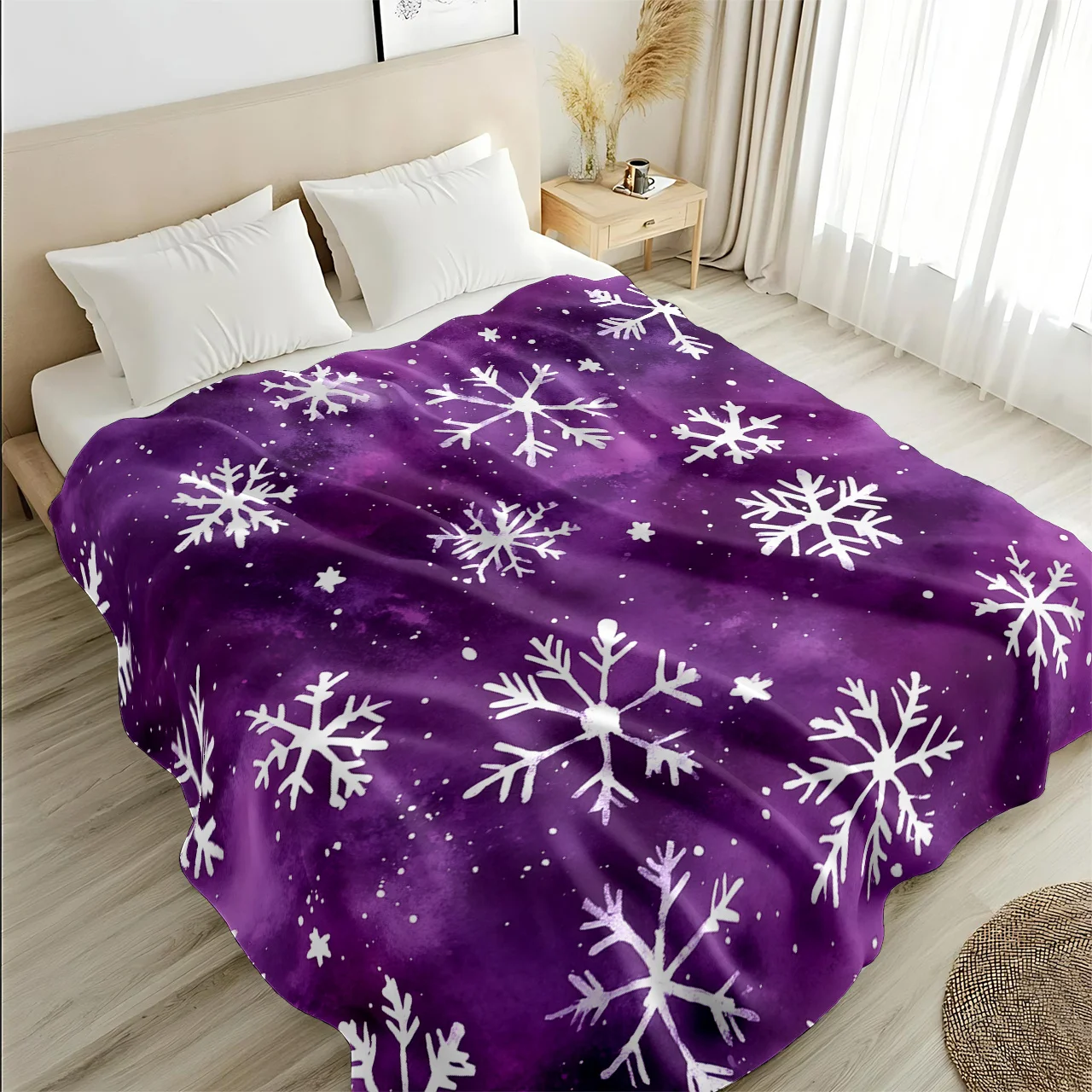 Dreamy Purple Christmas! A White Snowflake Blanket on a Purple Background, Soft And Skin-Friendly, Perfect As a Sofa Cover, Autu