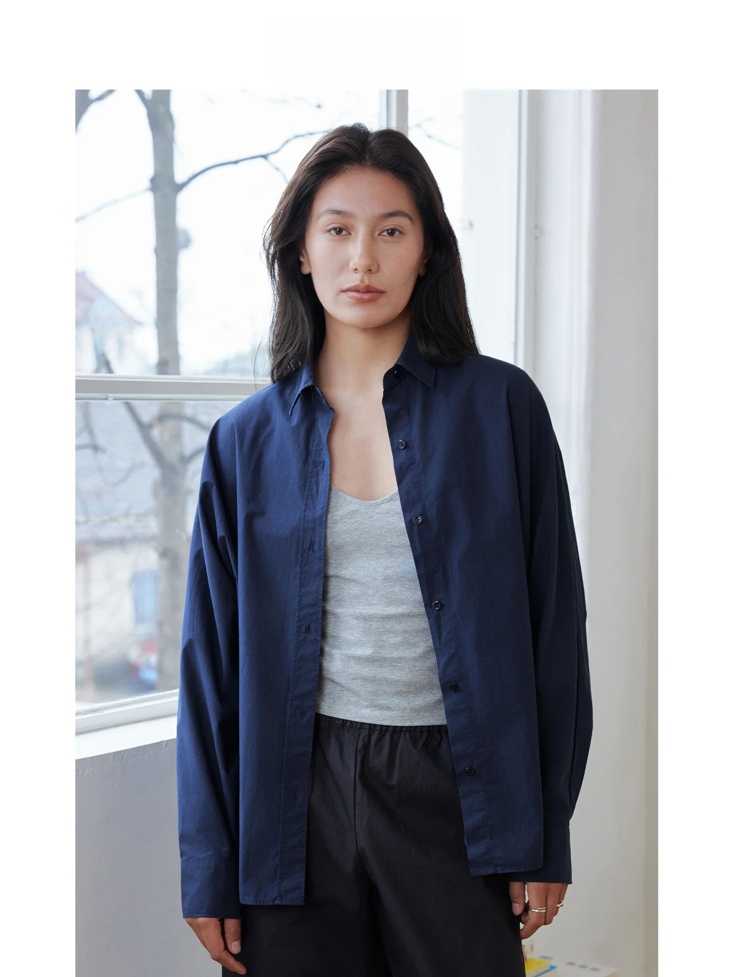 

Eremin Cotton Long Sleeve Shirt round Arc Pure Color Turn-down Collar Commute Versatile Simple Style Women's Casual Top