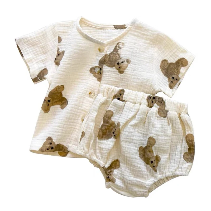 

Spring Korean Baby Boy Girls Romper Newborn Organic Cotton Cartoon Bear Print Shorts Suit Baby Cute Bear Clothes Set