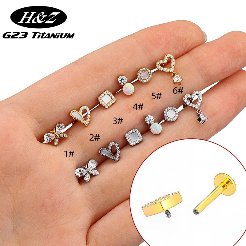 1PC G23 Titanium Zircon Butterfly Heart Pendant Ear Stud Internal Thread Lip Stud Conch Cartilage Tragus Labret Piercing Jewelry
