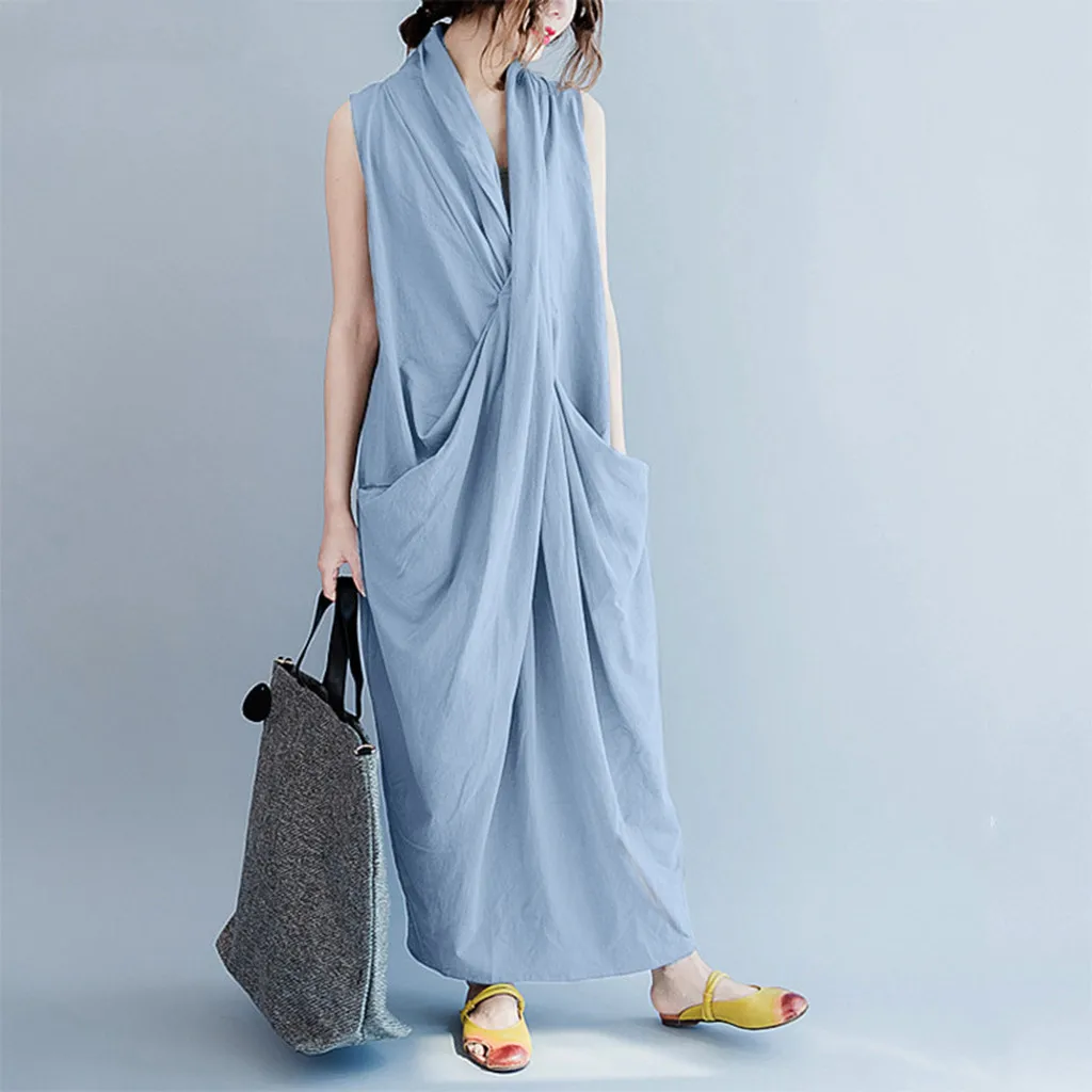 Oversize Asymmetrical Maxi Dress Summer 2024 Women's Sundress Female V Neck Vestidos Female Baggy Party Dress Robe Femme