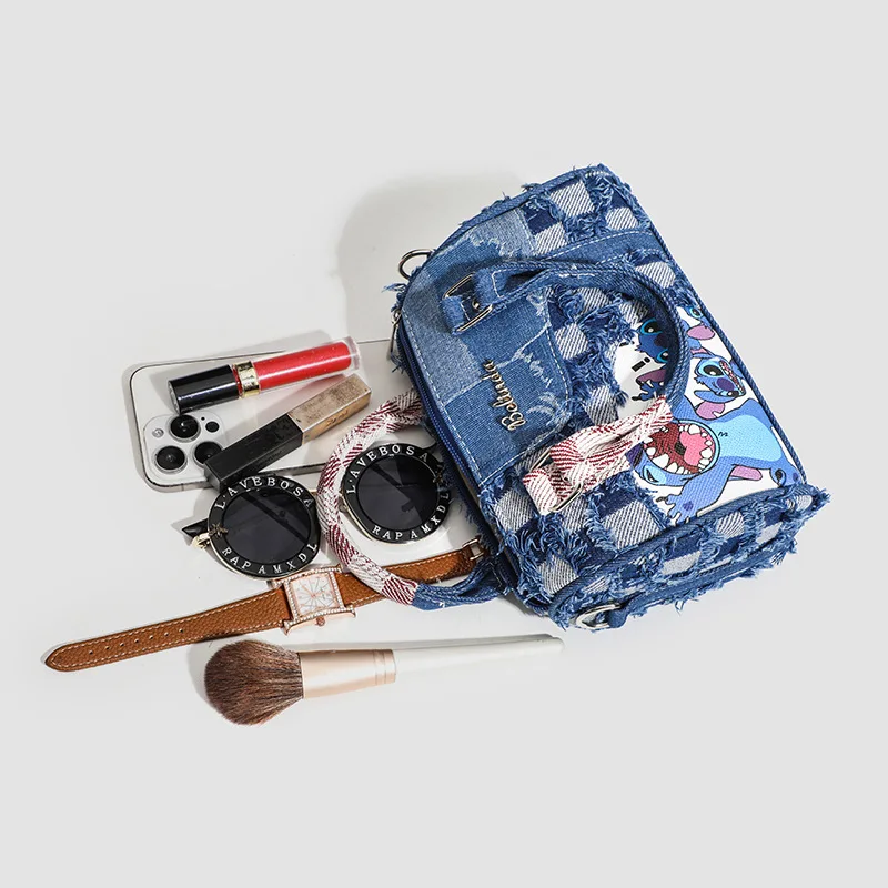 Borsa a tracolla in denim Disney Stitch Borsa a tracolla da donna in cartone animato di alta qualità Borse per borse per la spesa portatili per ragazza di moda