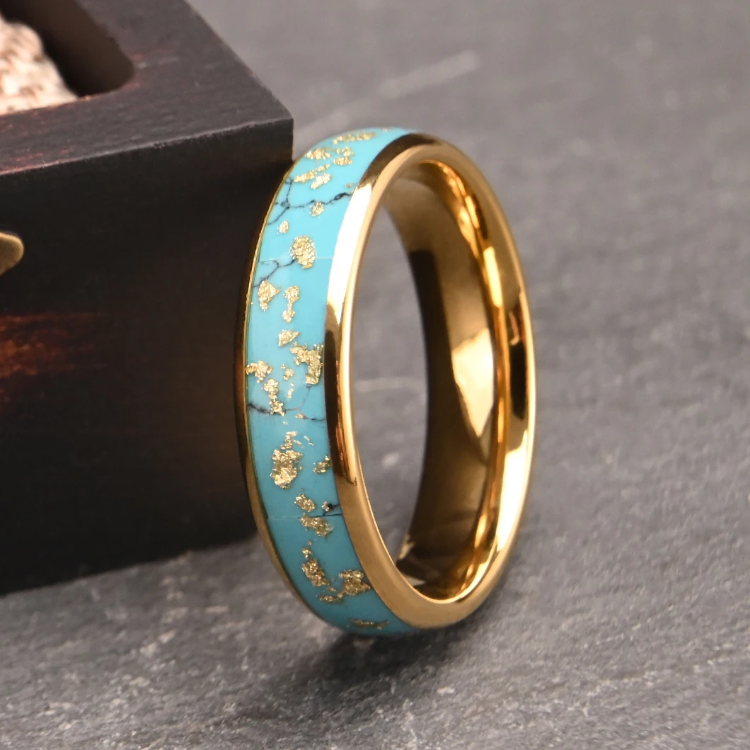 6MM Turquoise Inlay Broken Gold Foil Tungsten Rings Engagement Gold Plating Band For Man Woman Jewelry Luxury Design Gifts