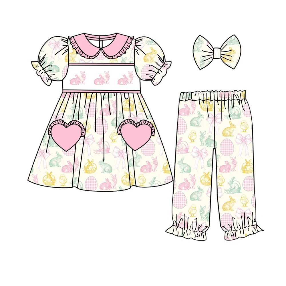 Easter Boutique Children's Suit Short Sleeve Long Pants Girls Boys Suit Bunny Egg Plaid Print Pajama Suit