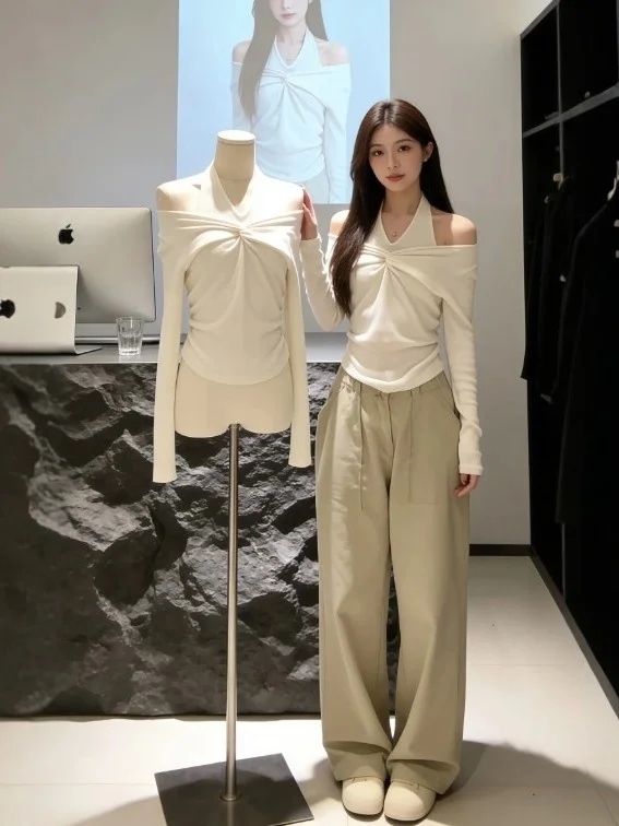 

Облегающий вязаный свитер на одно плечо, дизайн Ne Hanging, весна 2026, модный топ, женский хлопковый длинный свек, повседневная мода