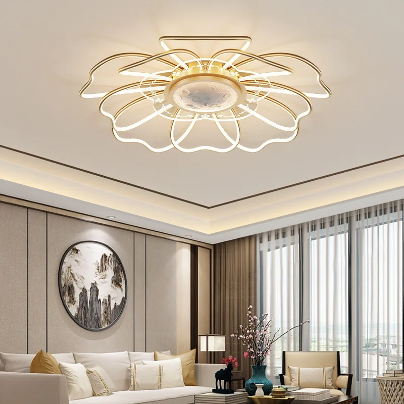 Modern LED Chandelier Fixtures New Chinese Style Ceiling Fan Simple Rose Gold Living Room Chandelier