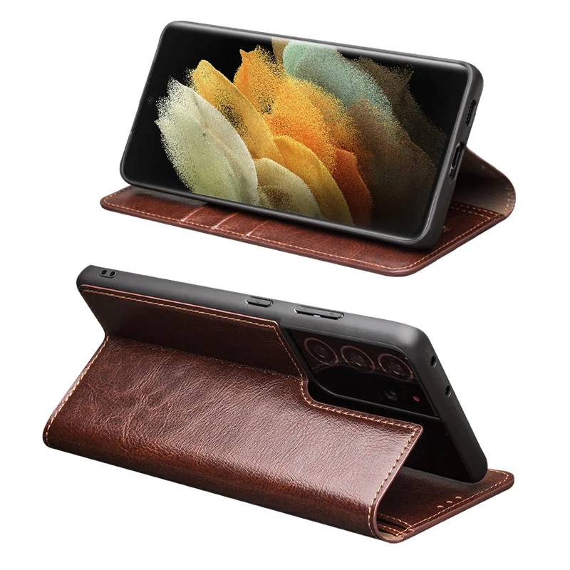 

QIALINO Luxury Genuine Leather Phone Cover for Samsung Galaxy S21 S22 S23 Plus 5G Flip Case with Card Slots for S21/S22/S23Ultra