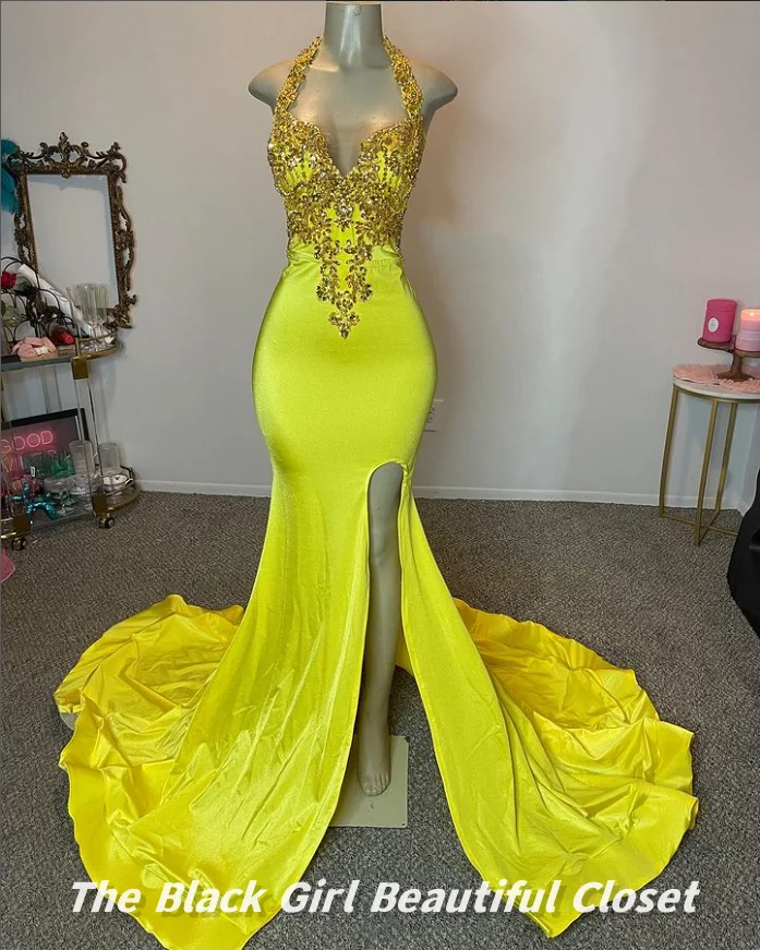 Yellow Halter V Neck Evening Black Girls Glitter Diamante Beaded Party Dresses High Slit Backless Party Dresses