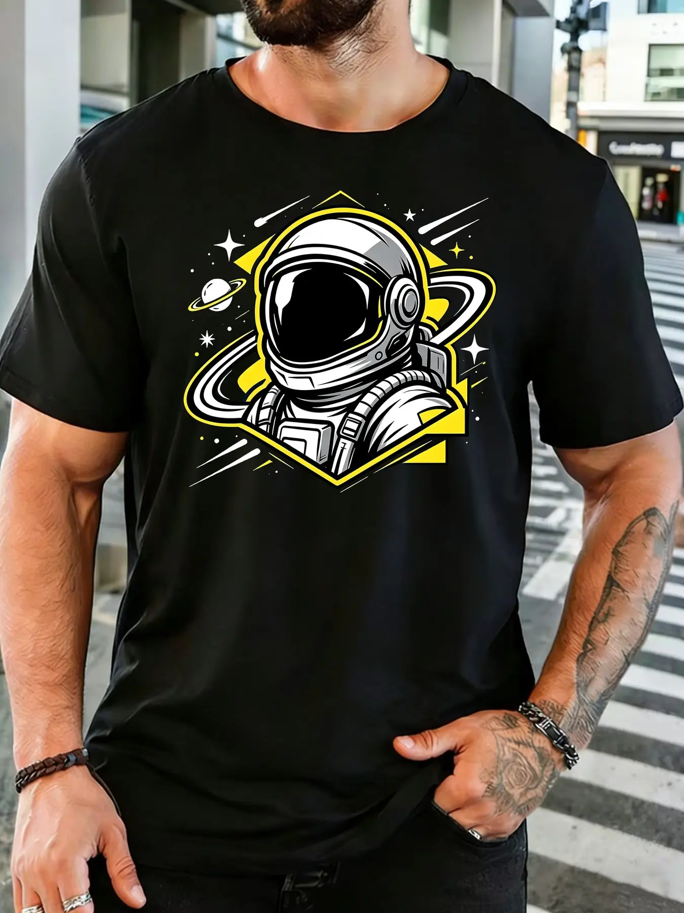 Vintage Colorful Astronaut Planet Star Space Graphic Mens Soft Cotton Short Sleeve Loose Cosmic Explorer Daily Casual Street Tee