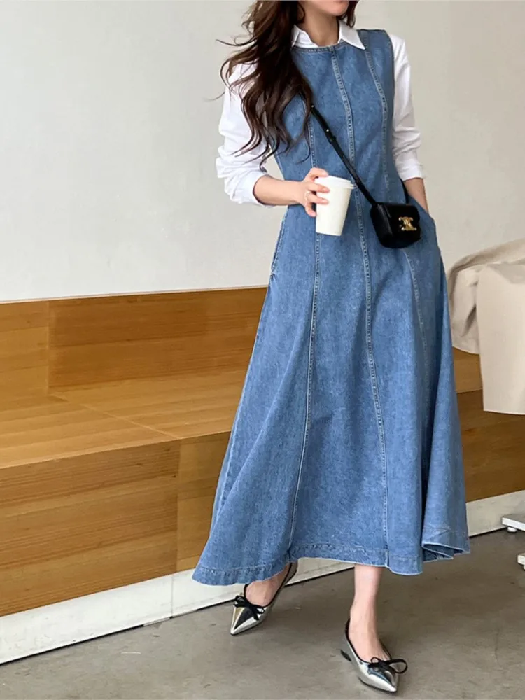 Denim Summer Sleeveless Vests Dress Women Slim Casual Fashion Ruffle Ladies Dresses Korean Style Pleated Woman Long A-Line Dress