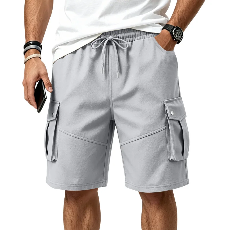 Men Drawstring Elastic Waist Cargo Shorts Multi Pockets Casual Knee Length Walking Shorts