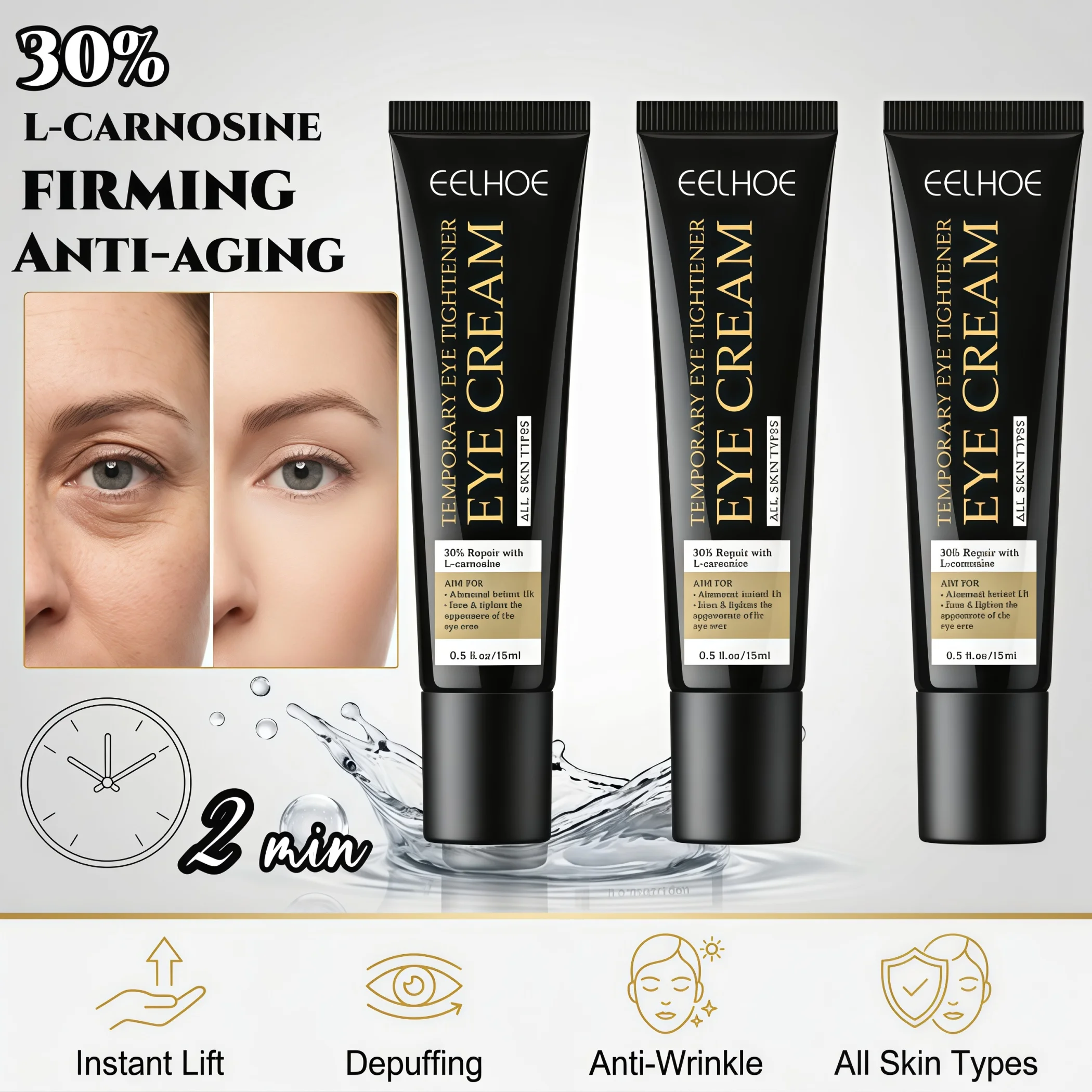3PCS Instant Wrinkle Eye Cream Tightening,30% L-Carnosine Powerful Anti Glycation&Antioxidant&Instant Physics Lifting Effect,High Occlusion Lock In Moisture, Smooth Dry&Fine Lines,Fast De Puffing for Puffy Eyes&Removing Dark Circles