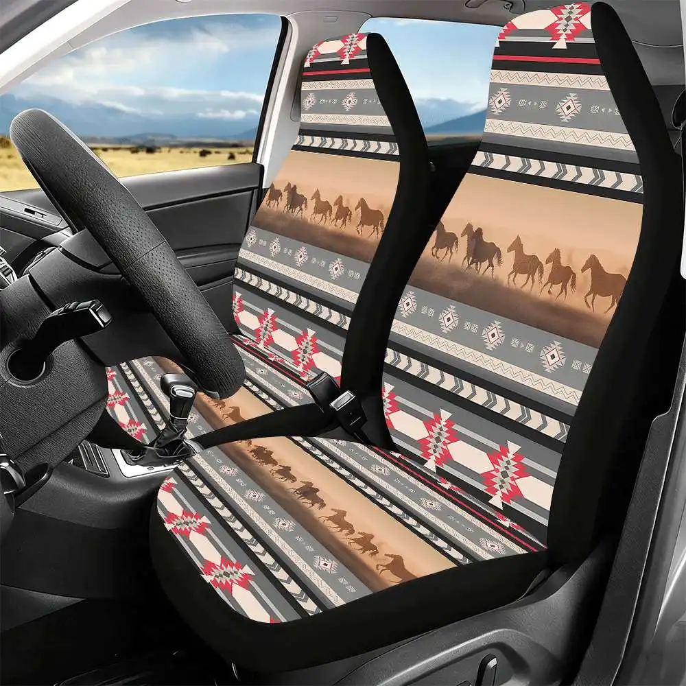 2pcs Wild Horse Tribal Pattern Car Seat Covers - High Back Design, Polyester Material, Suitable For Front Seats, Cars, SUVs, Tru