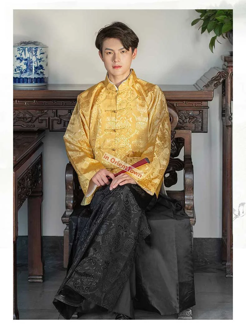Mens Cotton Linen Gold Red Blue Black Mandarin Jacket + Long Robe Male AD 1900 - 1949 Traditional Chinese Streetwear Tang Suit