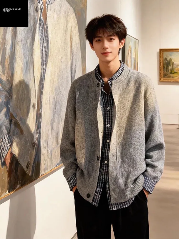 

ay Plaid Splicing Lazy Sle Men's Knitted Sweater Coat Fake Two-Piece Open Cardigan Autumn Winter Outdoor Casual Wear