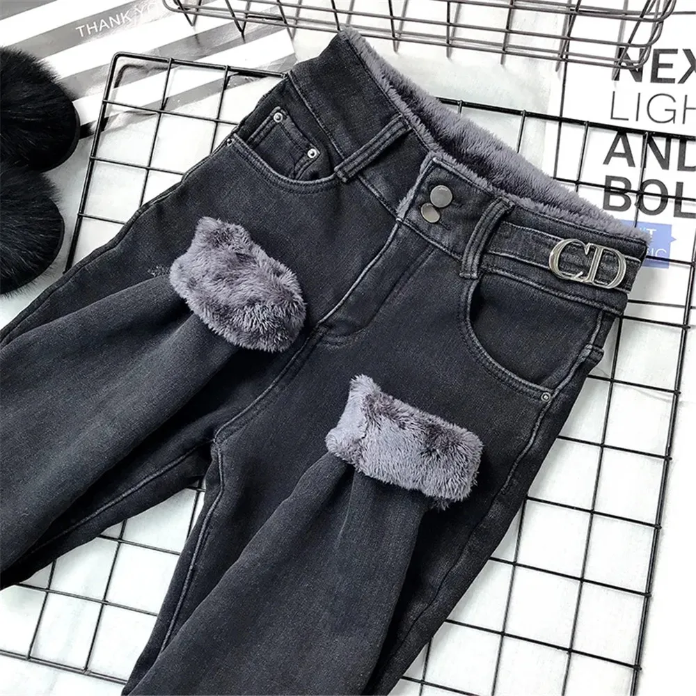 

Winter Thick Velvet Women High Waist Skinny Gray Jeans Mom Simple Fleece Warm Slim Fit Stretch Ladies Casual Denim Pencil Pants