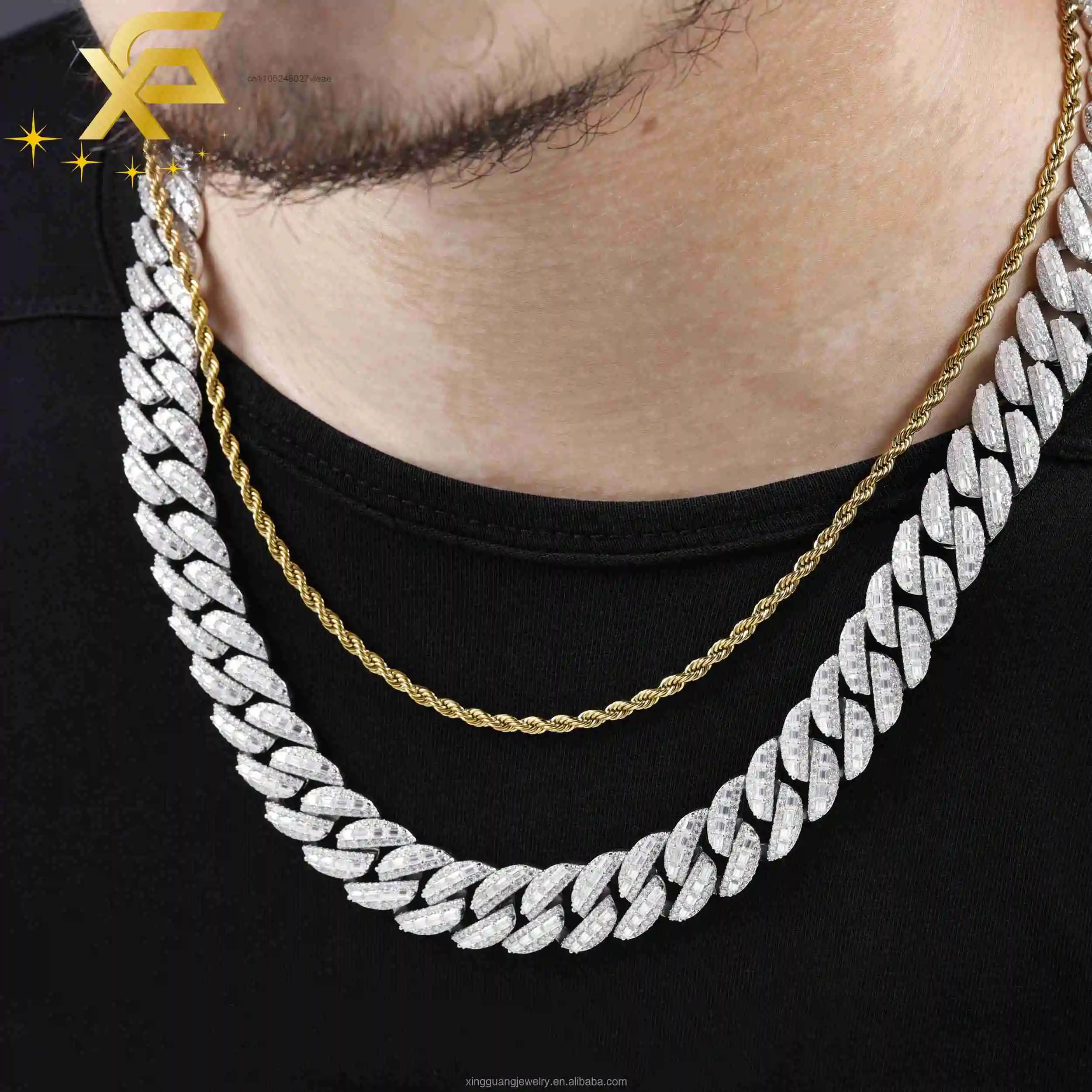 Emeradl Full Cut Ice Out Large Moissanite in the Middle 18K Gold Plated VVS Diamond Silver Cuban Link Chain Necklace..