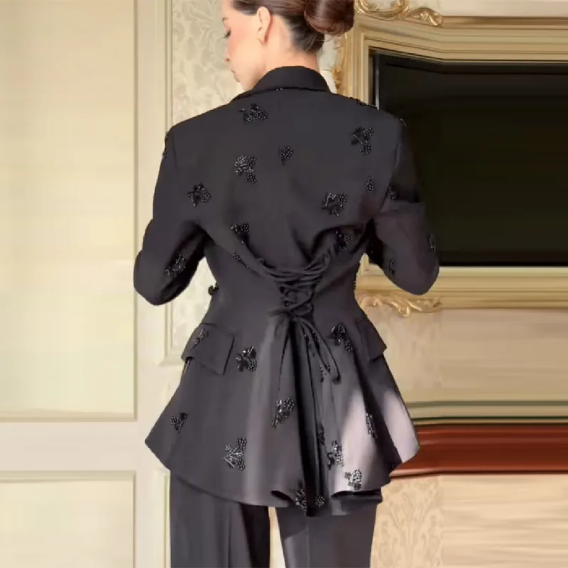 Women's New Wide Shoulder Narrow Waist Jacket Set Beaded Double Breasted Peplum Jacket High Waisted Wide Leg Pants Casual Suit