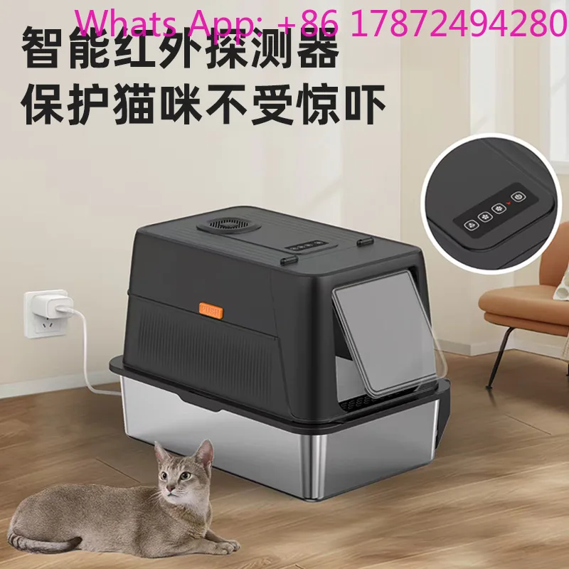 Stainless steel cat    box is super large enclosed and high-profile anti-splash cat toilet deodorizing cat    box