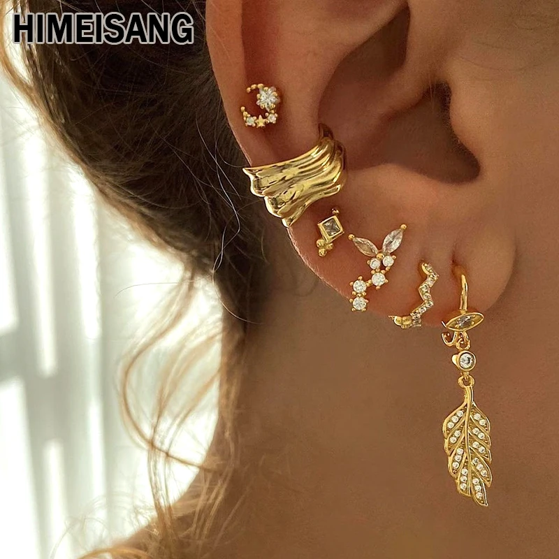 

HIMEISANG Silver Gold Filled Stud Earrings For Women Boho Style CZ Zircon Ear Cuffs Dangle Hoop Earrings Party Jewelry Wholesale