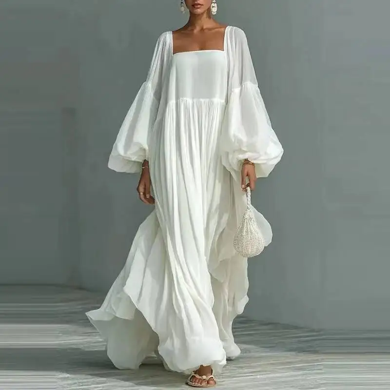 

Spring Summer New Pleated Maxi Lady Fashion Square Collar Solid Evening Leisure High Waist Lantern Long Sleeve Dress