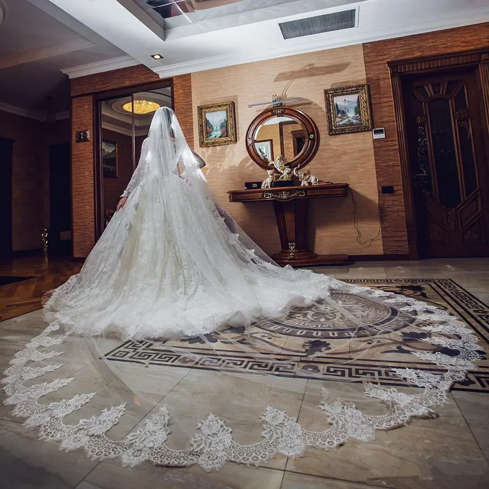 

Gentle 3M Long Wedding Veil With Lace Applique Edge One Layer Cathedral Length Veils With Comb Tulle Bridal Veil