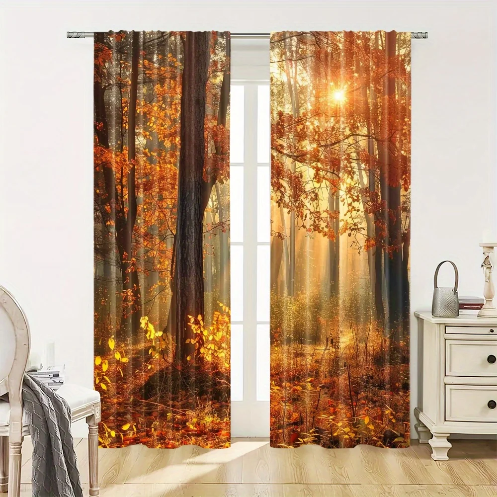 2Pcs Foggy Forest Blackout Curtains - Autumn Woodland Scenery Print, Heat Insulating Drapes, Rod Pocket Design for Bedroom & Liv