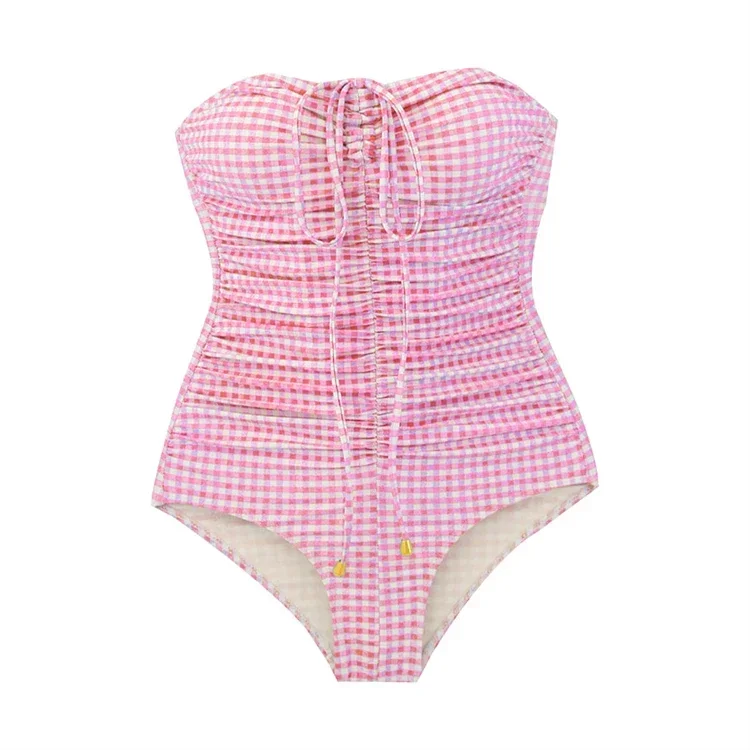 Traje de baño Bandeau Sexy de una pieza para mujer, traje de baño de estilo coreano, Monokini a cuadros rosa, espalda abierta, traje de baño Bandage con espalda descubierta y realce