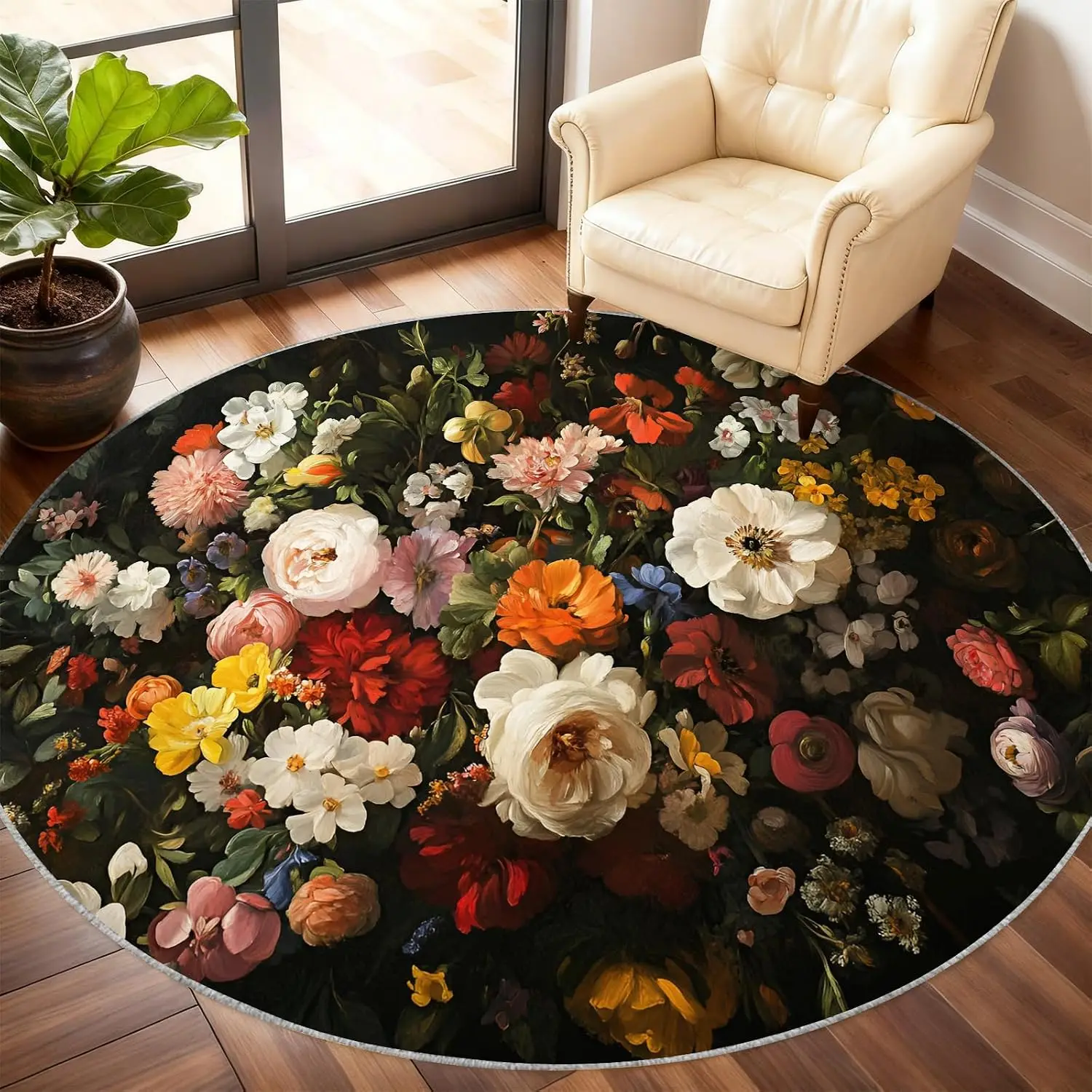 Stunning Round Floral Polyester Area Rug for Living Room Decor Bohemian Chic Flower Carpet Mat Large Size Vintage Boho Cottage S