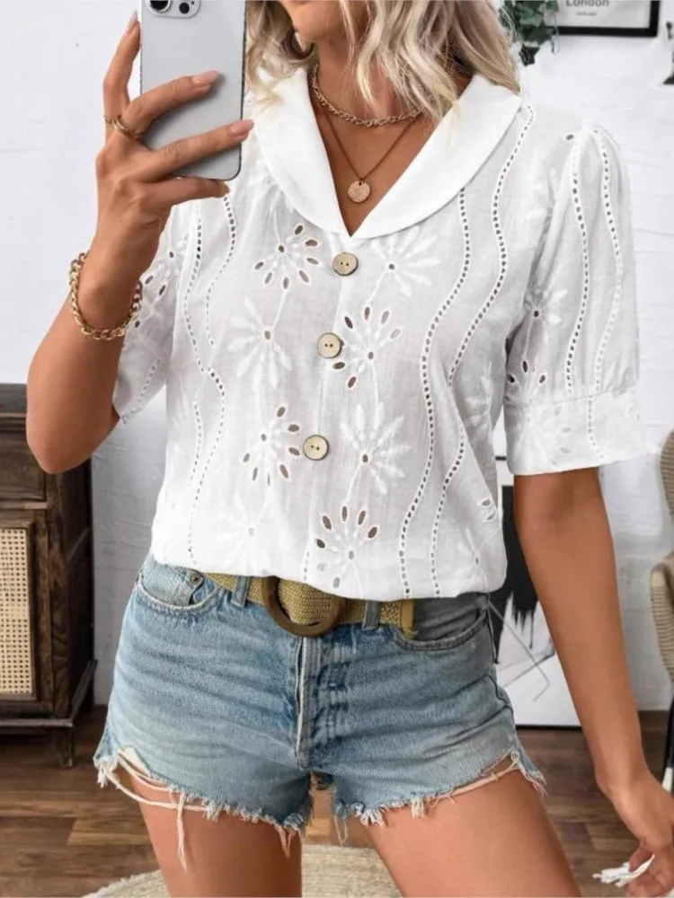 Camiseta blanca de verano para mujer, nueva moda, cuello en V, manga corta, botón, camisa informal elegante, Tops y blusas para mujer, ropa para mujer