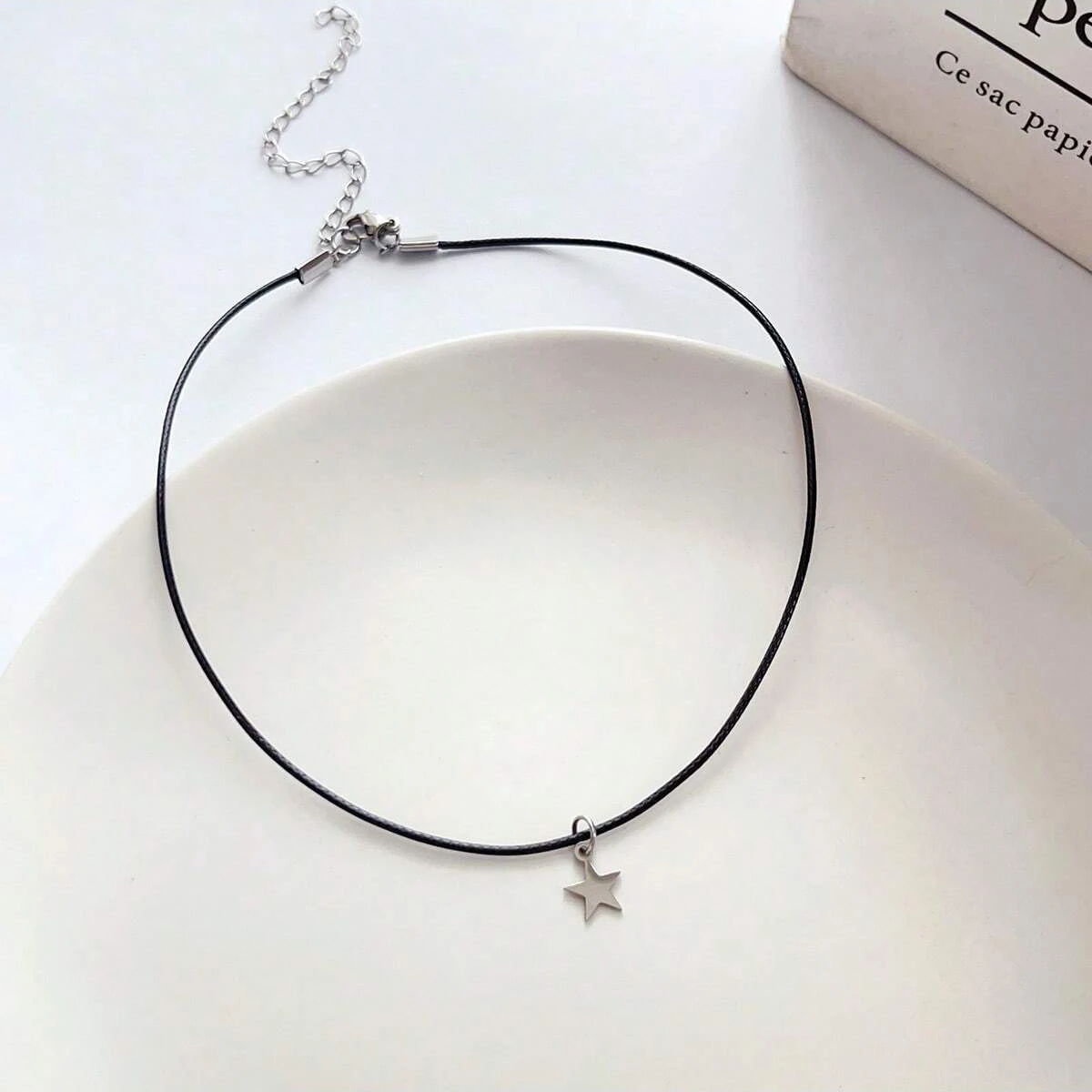 قلادة بسيطة ومتعددة الاستخدامات من حبل الشمع الأسود من الفولاذ المقاوم للصدأ على شكل نجمة، إكسسوار نسائي #5