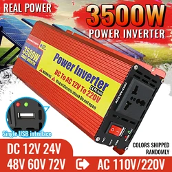 1000W-3500W Intelligent Inverter 12V 24V 48V to 110V 220V DC to AC with Single USB Interface and Alligator Clip Cable