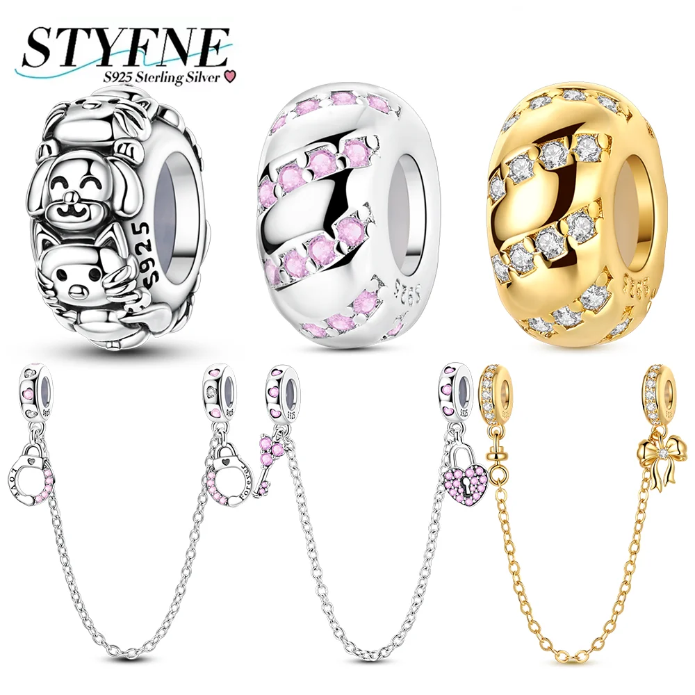 

Charms 925 Silver Pink Zircon Track Isolation Beads Bow Handcuffs Love Lock Charms Fit Diy Original Bracelet Women Jewelry Gift