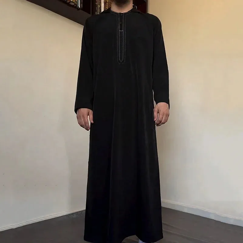 

Eid Ramadan Muslim Men'S Hooded Thobe Long Robe Embroidered Islamic Black Casual Gown Open Front Design For Comfortable Wear
