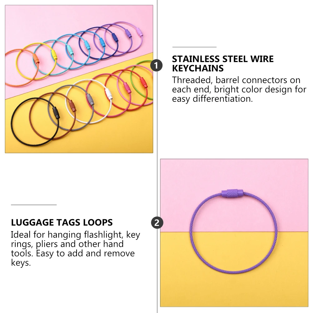 

16pcs Stainless Steel Wire Keychains Durable Coated Bright Color Luggage Tags Key Ring Ideal Flashlight Threaded Barrel