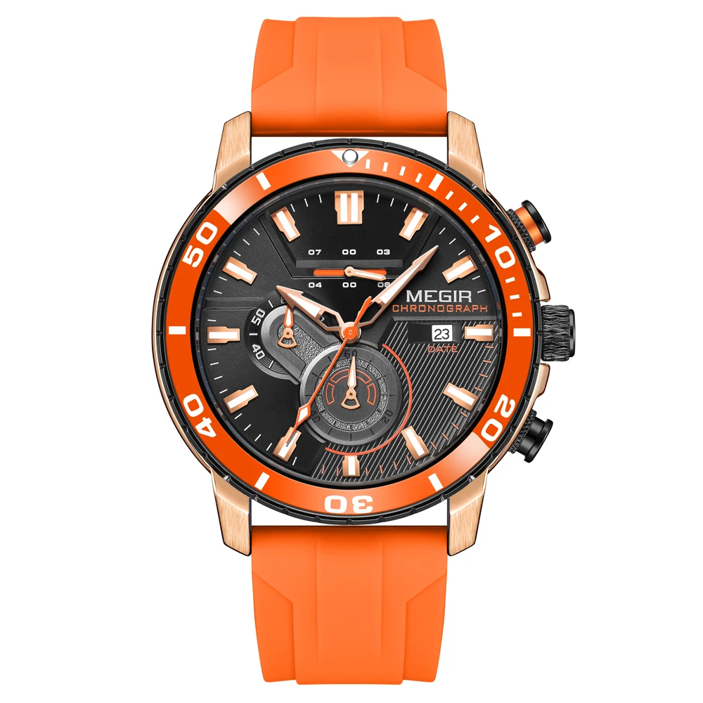 MEGIR Orange Silicone Strap Chronograph Sport Watch for Men Fashion Waterproof Wristwatch with Luminous Hands Auto Date 24-hour