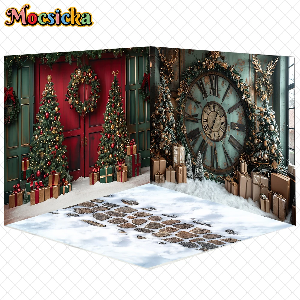 

Mocsicka Christmas Tree Backdrop Photography Winter Snow Door Clock Decor Family Kid Holiday New Year Party Background Wallpaper