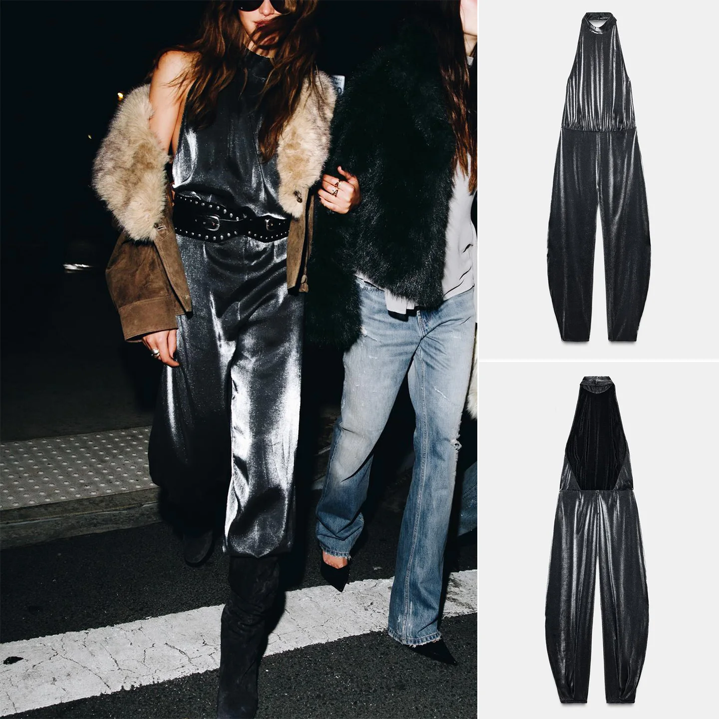 Winter New Women's Svel Ne Hanging Long One-Piece Pants Full of Layers Skirt Wide Leg Street Sle mid Waist Polyeste...