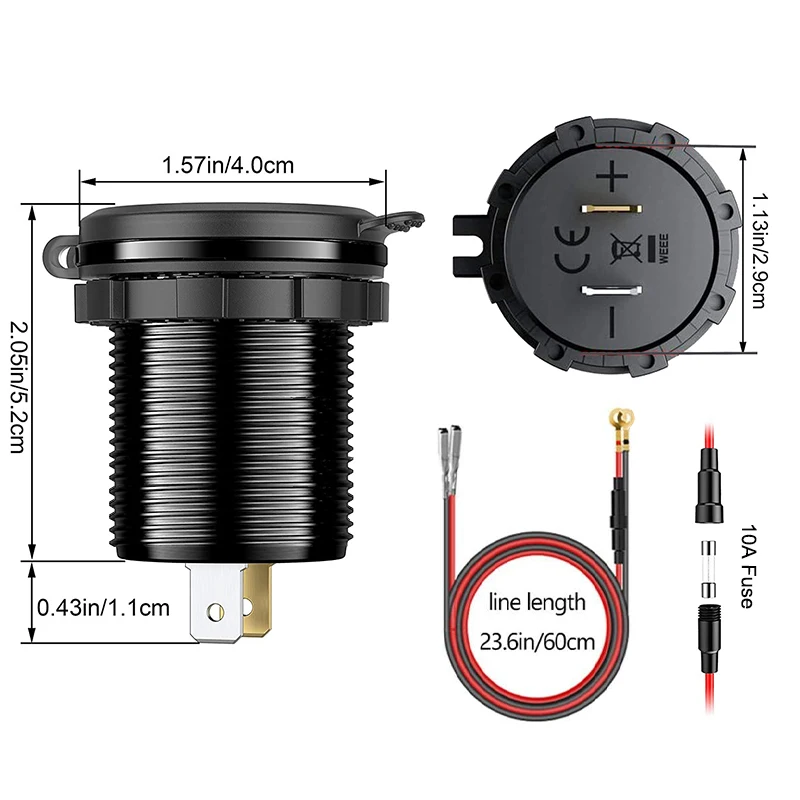Schnellladegerät Aluminium QC3.0 Dual USB Autoladegerät mit Schalterknopf LED Spannungsanzeige für 12V/24V Autos Boote Motorrad – Detail 5