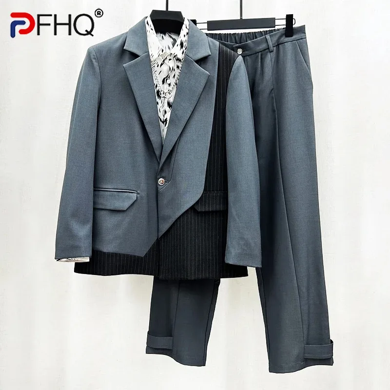 

PFHQ Men's Two-piece Set Stitching Striped Loose Niche Avant-garde Original Blazers Tide Autumn Straight Simple Trousers 21Z2793