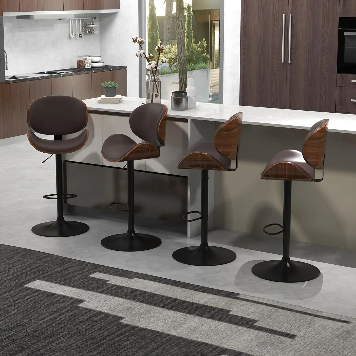 

civama Bar Stools Set of 4 for Kitchen Counter, Adjustable Bar Height Chairs, Modern Swivel Barstools with Bentwood Seat