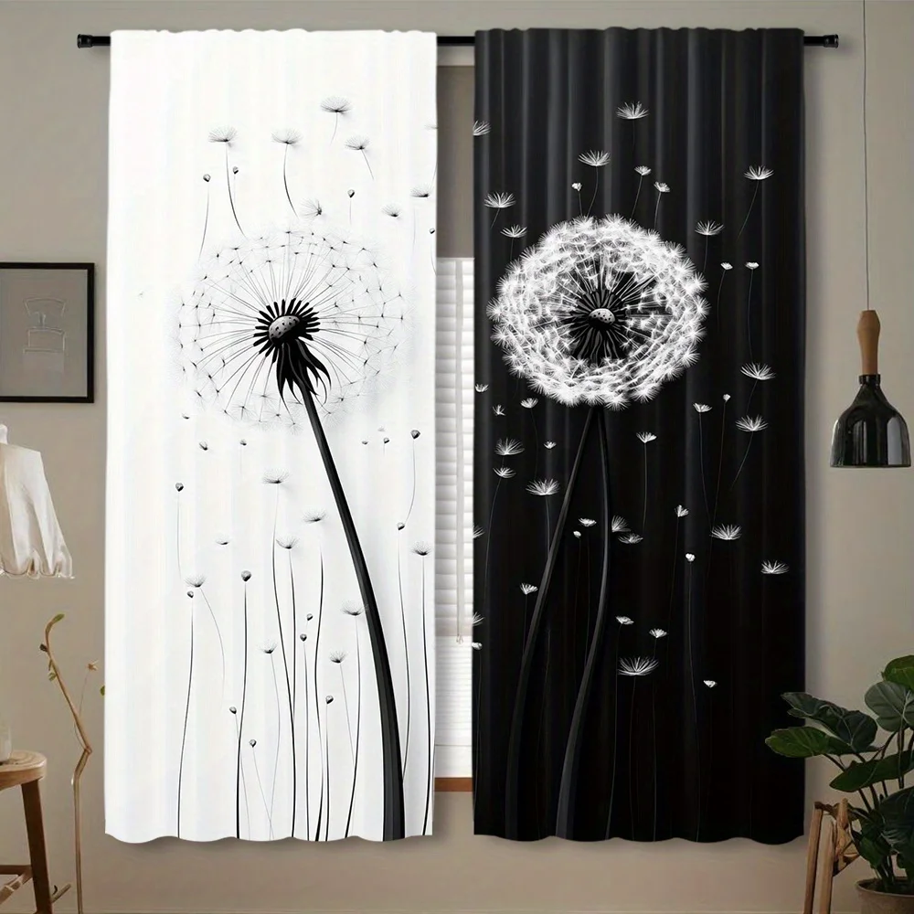 Contrast Dandelion Curtain 2 Panels, Flying Dandelion Seed Split Black White Allover Print, Curtains for Lounge Kitchen Curtain
