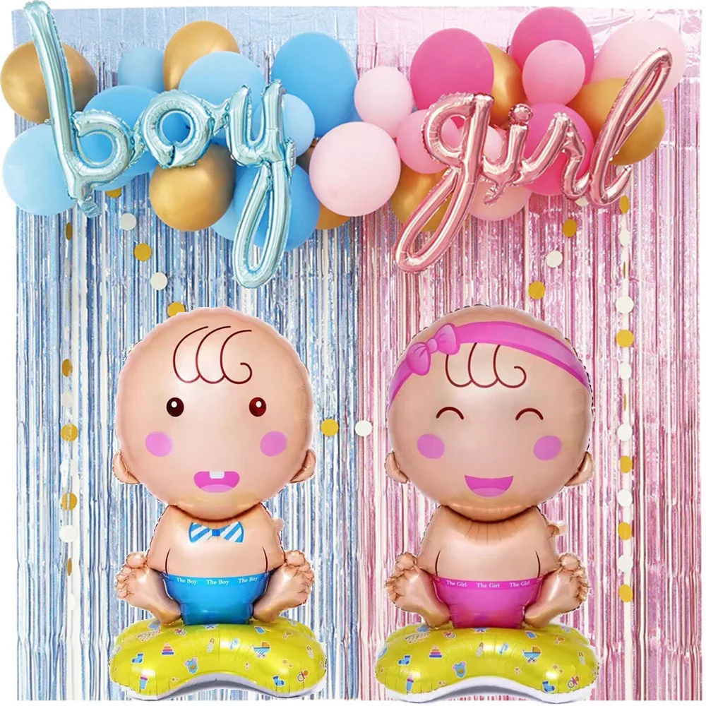 Gender Reveal Decor Metallic Fringe Curtains Blue BOY Pink Girl Foil Balloons Pink Blue Fringe Curtains Gender Reveals Supplies