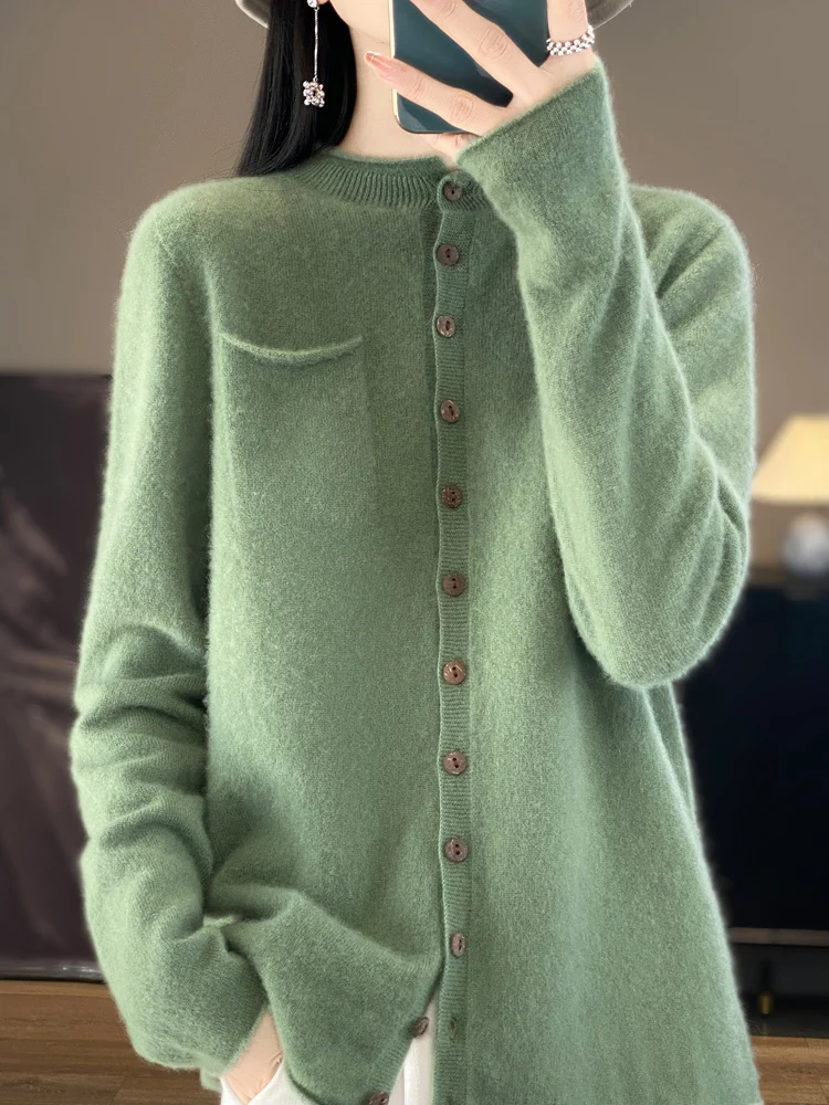 Women's Sweater Cardigans Autumn Winter Long Sleeve 100% Merino Wool Knitwear Binding Pockets Cashmere Solid Female Clothing Top