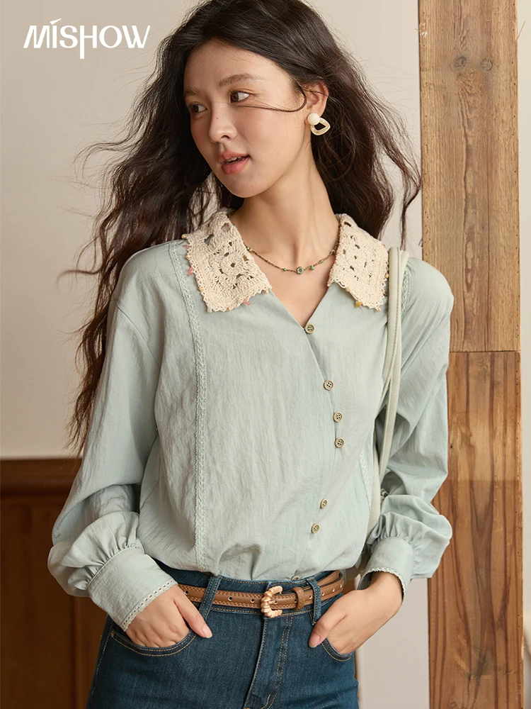 MISHOW Women's Linen Shirt 2025 Autumn Contrast Apricot Lapel Shirts Long Sleeve Curved Placket Tops Office Lady MXE43C2387
