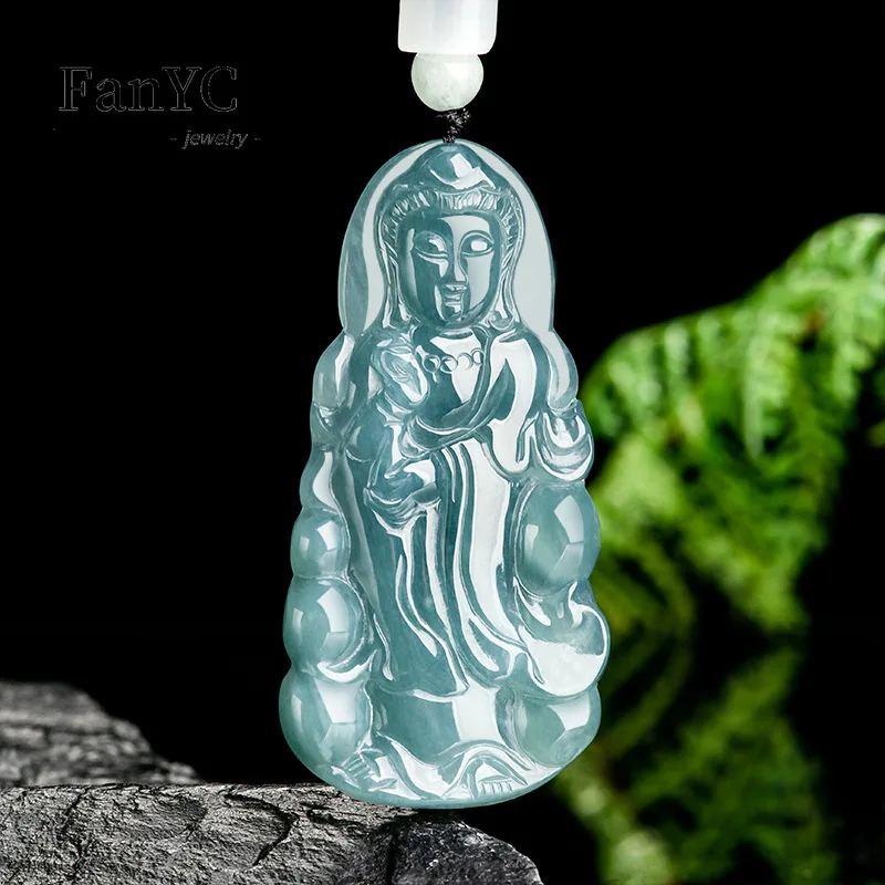 

Myanmar A-goods Jadeite Blue Water Vase Guanyin Pendant Hand-carved Exquisite Luxury Ice Jade Necklace Men & Women Holiday Gift