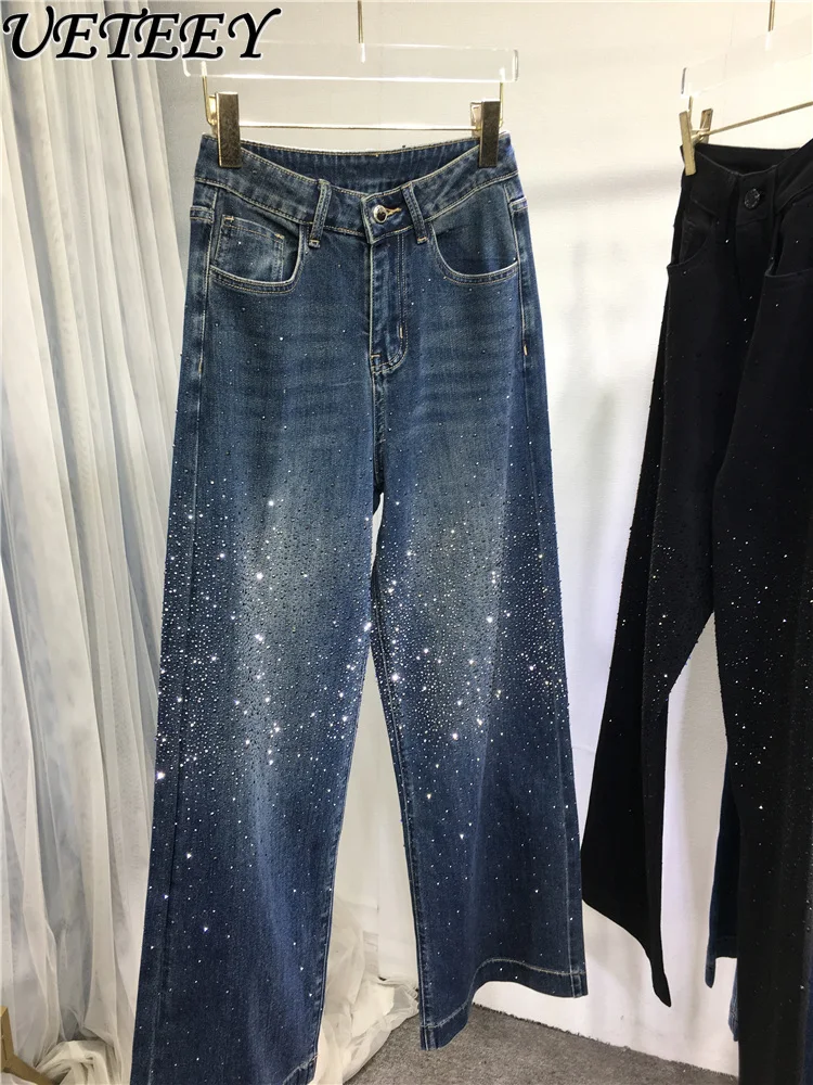 الخريف الشتاء الثقيلة حجر الراين الجينز للنساء عالية الخصر السراويل المستقيمة الراين ملابس خارجية السراويل الطويلة الدنيم